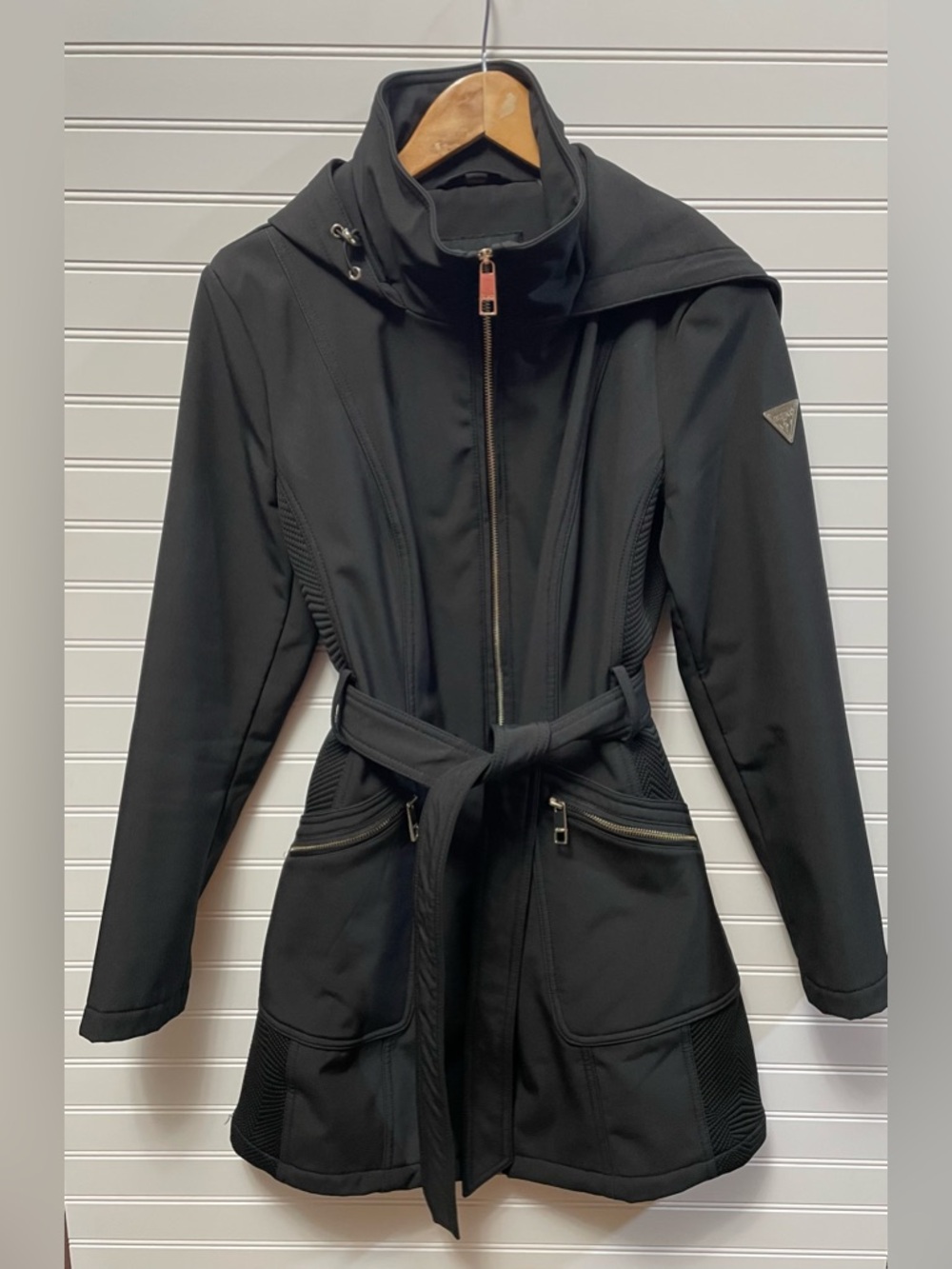 Guess Black Women's Hooded Belted Coat Jacket Medium